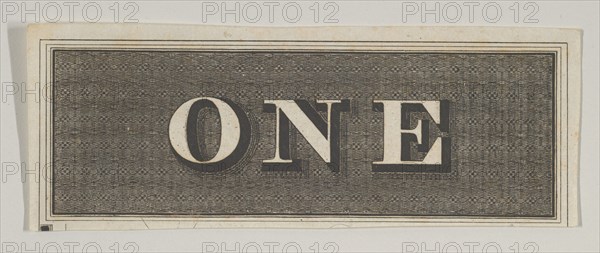 Banknote motif: the word ONE against a rectangle of ornamental basket-like lathe wo...