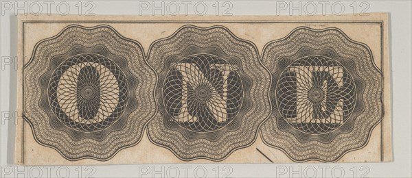 Banknote motif: the word ONE with each letter set against a circle of lathe work