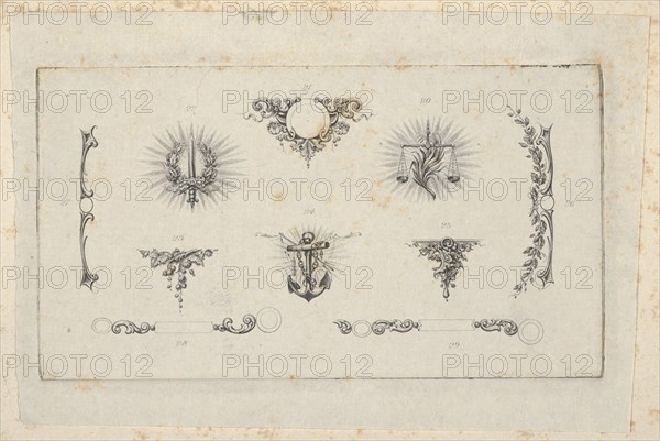 Banknote motif: ten different ornamental lathe work elements including a disk embel...