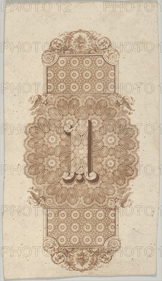 Banknote motif: ornamental number 1 against a panel of lathe work elements