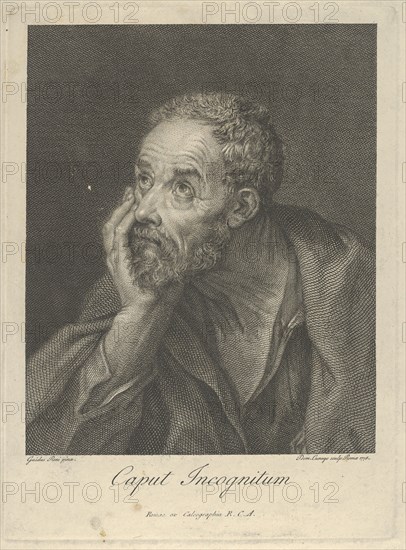 An old bearded man resting his head on his right hand and looking upwards to the left