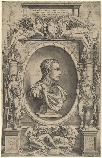 Portrait of Giovanni de' Medici facing right within an elaborate cartouche flanked by Vict...