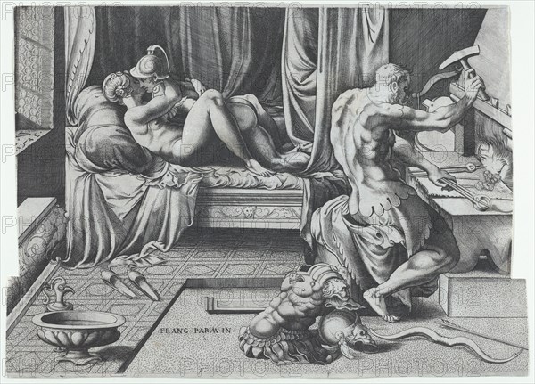 Venus and Mars Embracing as Vulcan Works at His Forge