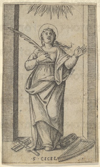 Saint Cecilia standing holding a palm of martyrdom in her right hand