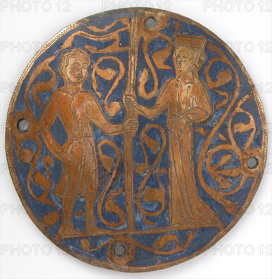 Medallion with man and woman holding standard