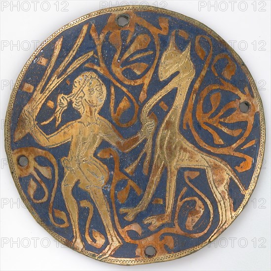 Medallion with Youth Leading Long-necked Animal