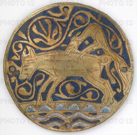 Medallion with Hunting Dog Attacking Boar Crossing Water
