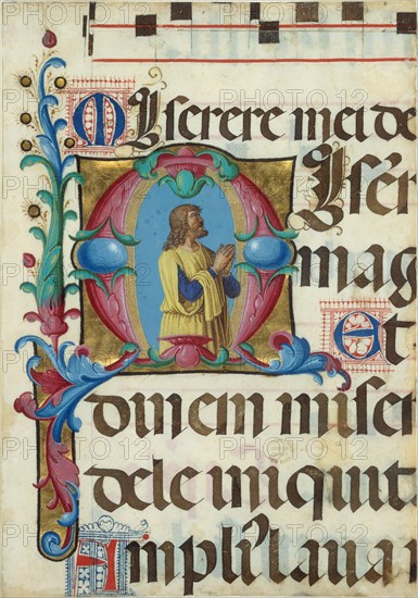 Manuscript Illumination with David in Prayer in an Initial M