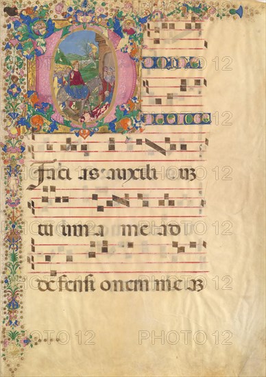 Manuscript Leaf with Entry into Jerusalem on Palm Sunday in an Initial D...