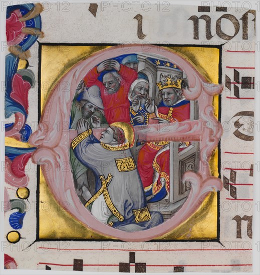 Manuscript Illumination with the Martyrdom of Saint Stephen in an Initial E...