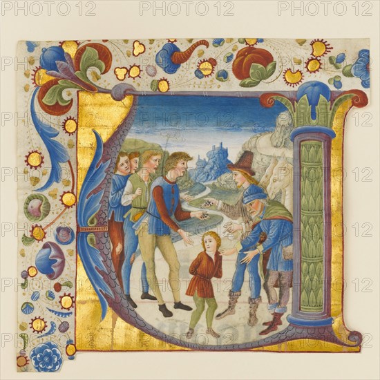Manuscript Illumination with Joseph Sold by His Brothers in an Initial V...