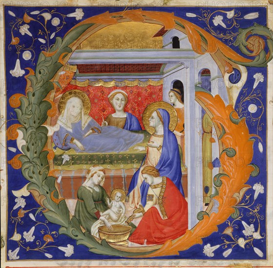 Manuscript Illumination with the Birth of the Virgin in an Initial G