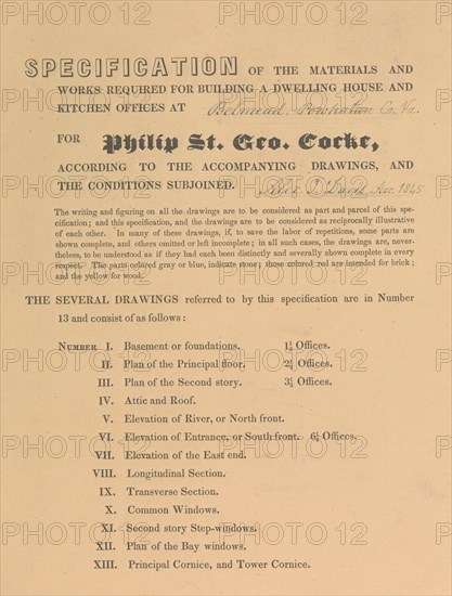 Specifications for "Belmead", James River, Virginia for Philip St. George Cocke, 1845. [Belmead, Powhatan County