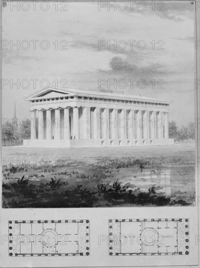 A. J. Davis, Scrapbook II [Folio P or "Blue Book"], 1825-92. [Design for a capitol building, labelled 'H. of R' (House of Representatives) and 'Senate'.