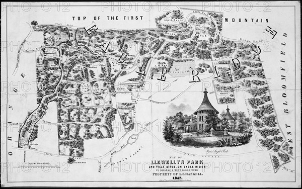 Map of Llewellyn Park and Villa Sites, on Eagle Ridge in Orange & West Bloomfield, 1857.