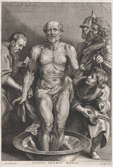 The Death of Seneca, standing at center with his feet in a basin of water, supported by a disciple at left while another takes down his last words at right, ca. 1655-78.