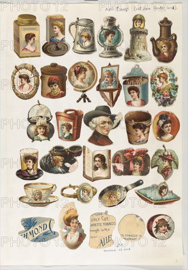 Thirty-one cut-outs from advertising banner for Allen & Ginter Cigarettes, ca. 1888.
