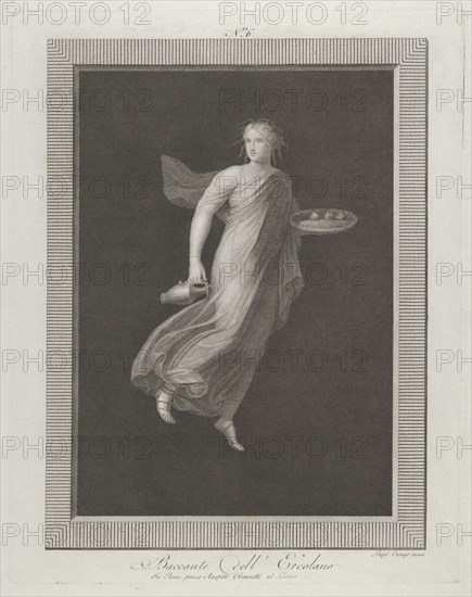 A bacchante holding a pitcher in her right hand and carrying in her left hand an oval dish containing three figs, set against a black background inside a rectangular frame, 1795-1820. Baccante dell'Ercolano]