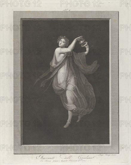 A bacchante, a garland on her head, and playing cymbals, set against a black background inside a rectangular frame, 1795-1820. [Baccante dell'Ercolano].