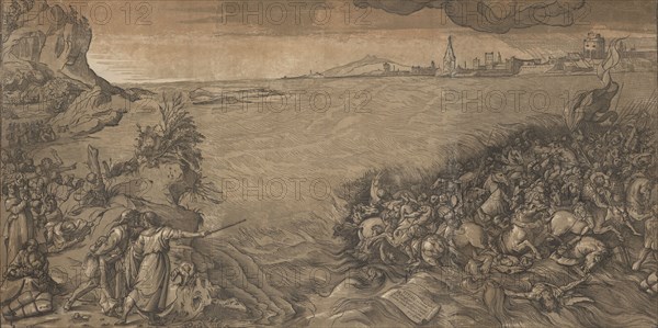 The crossing of the red sea, Moses stands at the left pointing to the army being submerged, after Titian, 1589.