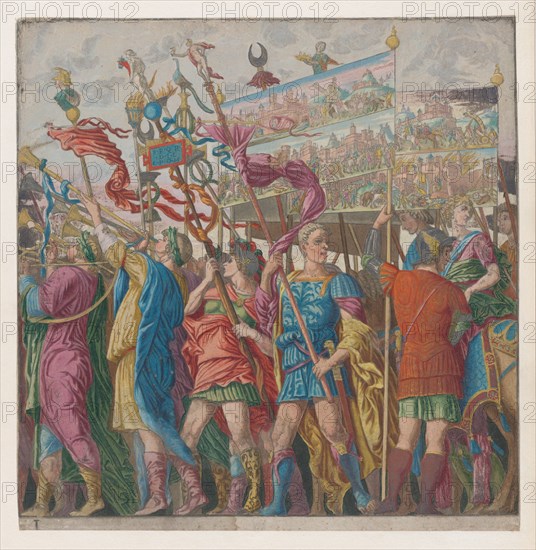 Sheet 1: Soldiers carrying banners depicting Julius Caesar's triumphant military exploits, from The Triumph of Julius Caesar, 1599.