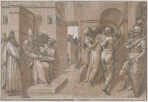 Pilate at the left washing his hands (left side of sheet), 1585.