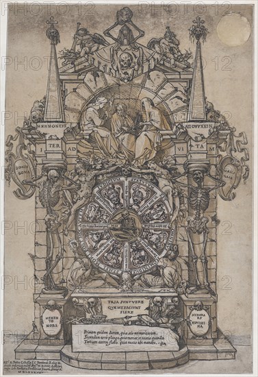 Triumph of Death with three fates in an architectural frame above a wheel of fortune flanked by skeletons; a skull and an hour glass at top and with wheel intended to spin at center, 1588.
