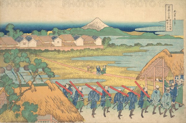 Fuji Seen in the Distance from Senju Pleasure Quarter (Senju kagai yori chobo no Fuji), from the series Thirty-six Views of Mount Fuji (Fugaku sanjurokkei), ca. 1830-32.