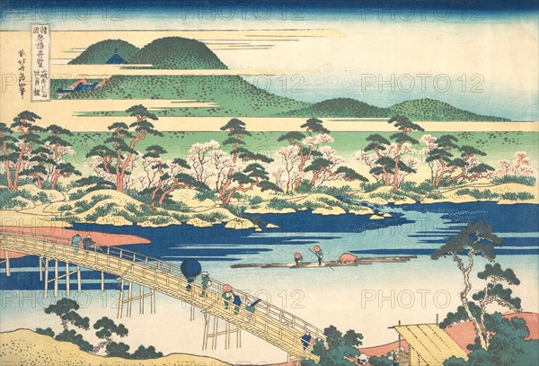 Togetsu Bridge at Arashiyama in Yamashiro, from the series Remarkable Views of Bridges in Various Provinces (Shokoku meikyo kiran), ca. 1830.