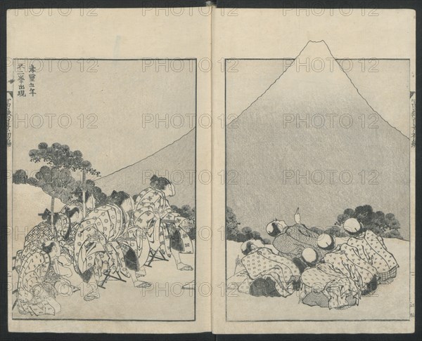 Sliding Down (left); The Opening of Fuji (right) from One Hundred Views of Mount Fuji, 1834.