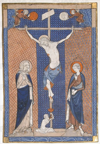 Manuscript Leaf with the Crucifixion, from a Missal, French, ca. 1270-80. Jesus with the Virgin Mary and Saint John with Adam rising from a sarcophagus