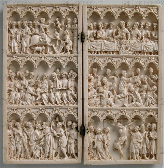 Diptych with Scenes from Christ's Passion, French, ca. 1350-75. Entry into Jerusalem and the Last Supper; Christ washing his disciples' feet and the Agony in the Garden; the Betrayal of Christ and the Crucifixion.