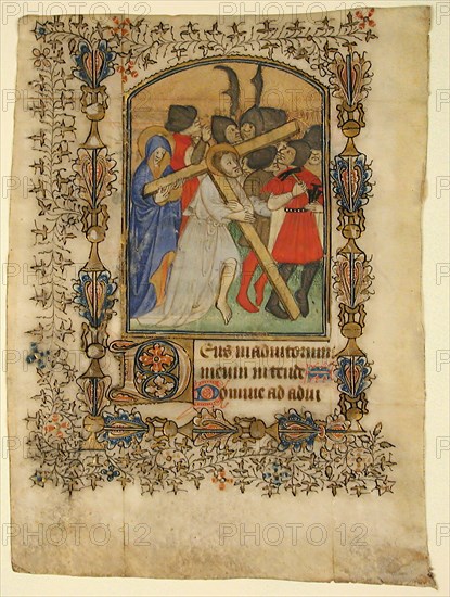 Manuscript Leaf from a Book of Hours Showing an Illuminated Initial D and Christ Bearing the Cross, French, 1390-1400.