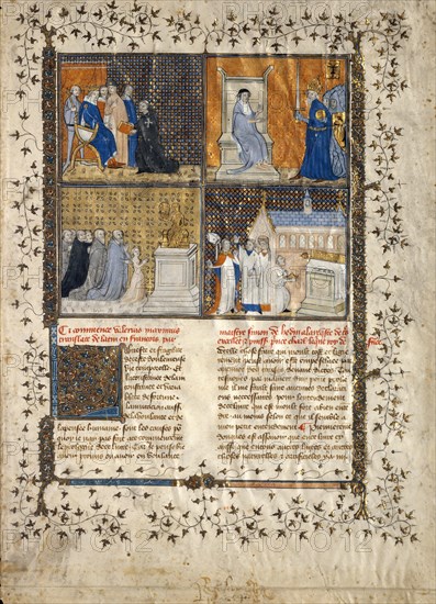 Leaf from a Manuscript of Valerius Maximus, French, ca. 1380-90. The translator Simon de Hesdin (left) presents his text to Charles V.