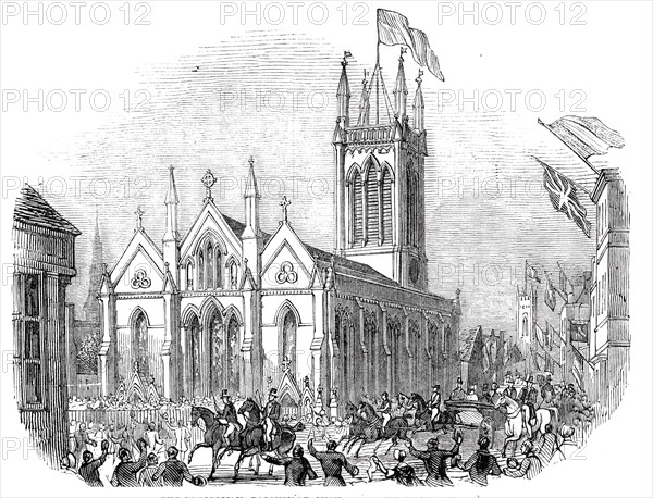 The procession, passing St. Michael's Church, Stamford, 1844. Creator: Unknown.