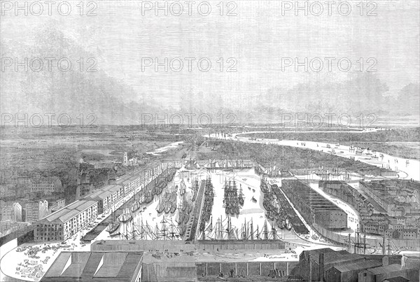 Bird's eye view of the London Docks, 1845. Creator: Unknown.