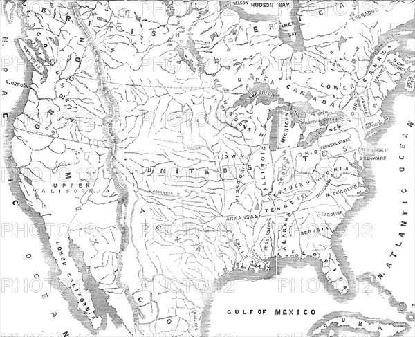 Map of North America, showing the...positions of Texas and Oregon with the United States, 1845. Creator: Unknown.