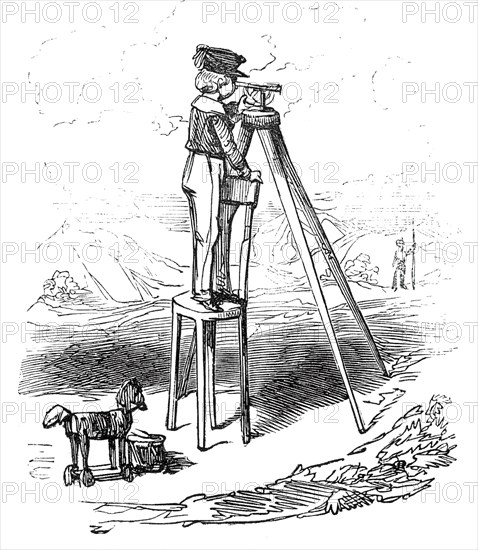 Boy using surveying instrument, 1845. Creator: Alfred Crowquill.