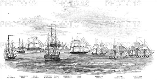 Capture of the Argentine Squadron, off Monte Video - from a sketch by a correspondent, 1845. Creator: Unknown.