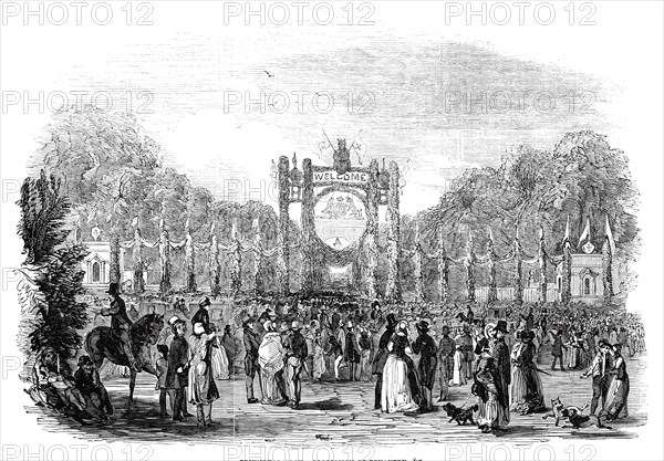 Grand festivities at Harewood House: triumphal arch - procession of tenantry etc, 1845. Creator: Unknown.