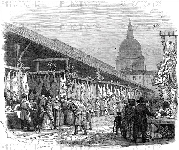 Newgate Market, on Christmas Eve, 1845. Creator: W. J. Linton.