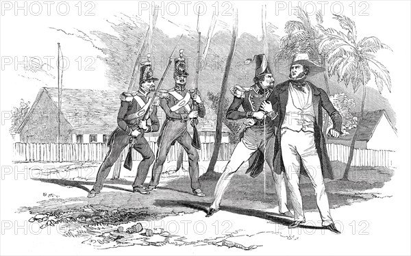 The Arrest, 1844. British missionary and Tahitian consul George Pritchard: 'Arrest of Her Majesty's Tahitian Consul, Mr. Pritchard, by the soldiers of the French Protectorate'. From "Illustrated London News", 1844, Vol V.