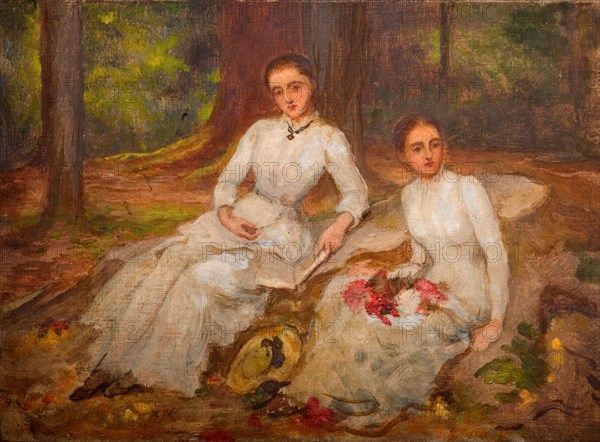 Two women in white seated in wooded glade