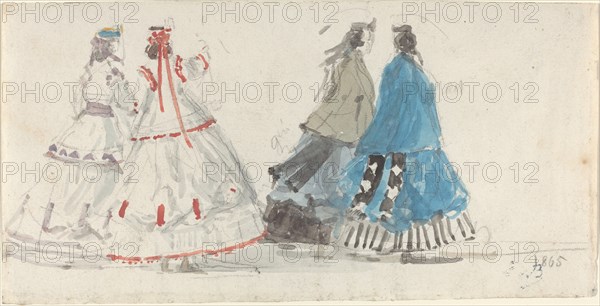 Four Ladies in Crinolines Walking at Trouville