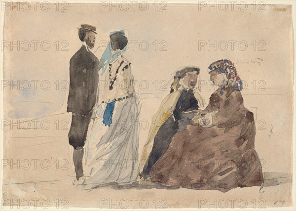 Two Ladies Seated and a Couple Walking on the Beach