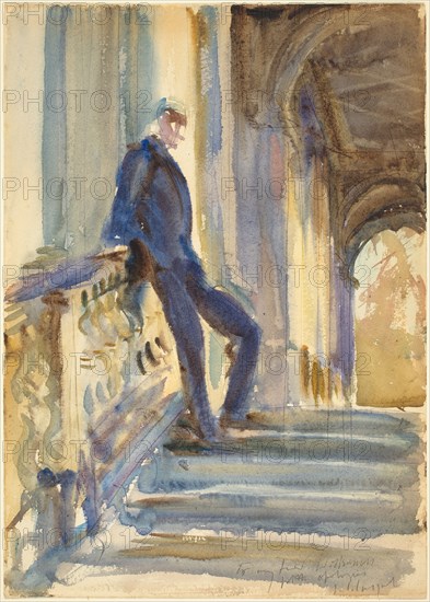 Sir Neville Wilkinson on the Steps of the Palladian Bridge at Wilton House