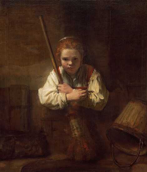 A Girl with a Broom, probably begun 1646/1648 and completed 1651. Creators: Carel Fabritius, Workshop of Rembrandt.