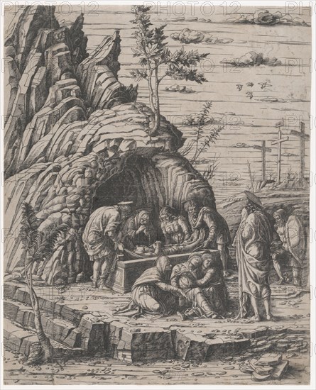The Entombment of Christ who is being lowered by two men into a stone tomb before...
