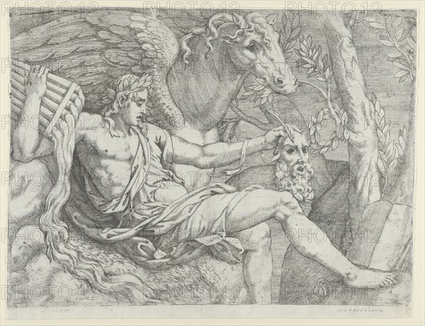 Apollo holding pipes in his right hand accompanied by Pegasus
