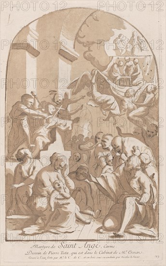 The martyrdom of Saint Angelo who in the upper left is being stabbed watched by horrifi...